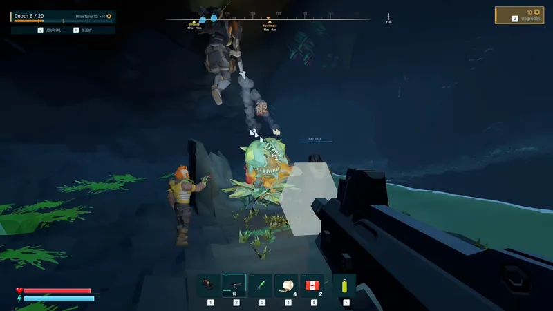 NARON co-op firefight in first person: the crew shoots at the Rootmaw, a green plant creature with a toothed maw, while a teammate flies overhead on a jetpack.
