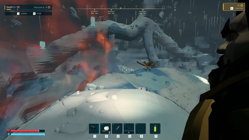 A deployed antenna on a snowy ridge in a frozen NARON cave while a red pressure front rolls in from the left; a teammate marker reads 25 metres.