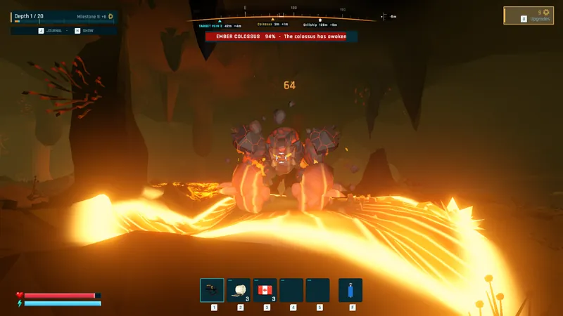 NARON boss fight in first person: the Ember Colossus, a lava rock golem, rises out of a glowing lava river with its health bar at 94 percent.