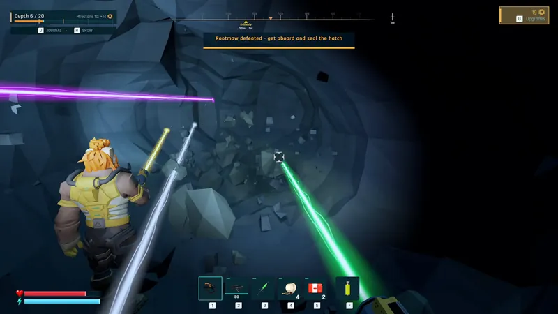 A NARON crew member in yellow armour and four coloured mining lasers cut into a grey rock wall; the message reads 'Rootmaw defeated - get aboard and seal the hatch'.