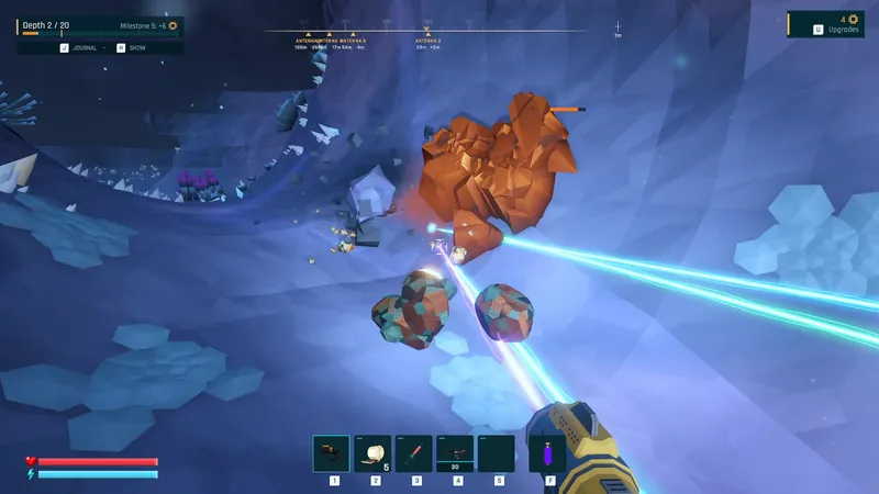 Several mining laser beams from a NARON crew converge on a copper ore vein in a blue ice cave, seen in first person.