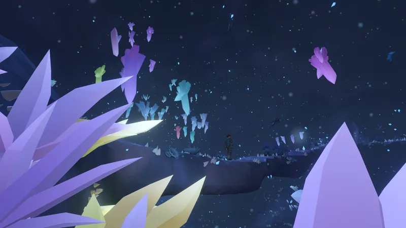 A lone NARON crew member on a rock ledge in a vast violet crystal cavern, surrounded by floating crystal shards and giant crystals.