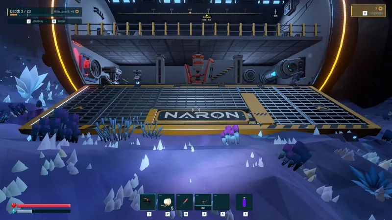 The NARON drillship with its ramp lowered into an ice cave, the workshop and crafting station visible inside.