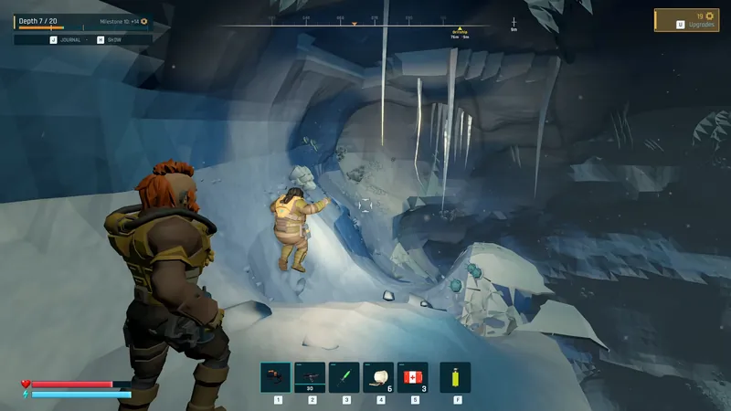 Two NARON crew members in a frozen cave with icicles at depth 7 of 20, one in the foreground, one climbing the slope ahead.