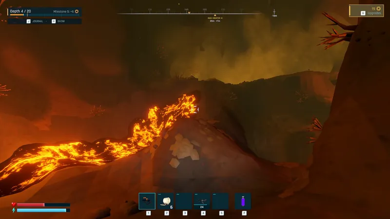 A glowing lava river winds through an orange cave in NARON's Embermaw biome, with yellow gas haze in the background and a gas crater objective marker.