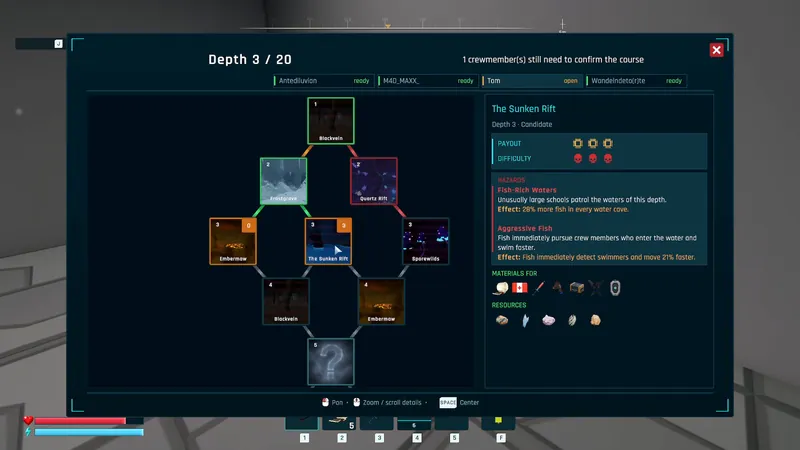 NARON route map at depth 3 of 20: a branching node tree with biome names, the vote status of four crew members, and the hazard, payout and resource panel for The Sunken Rift.